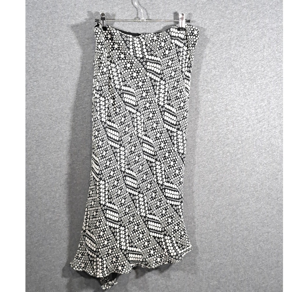 i(e Womens Silk Midi Skirt Black White Geometric Dot Handkerchief Hem Size M